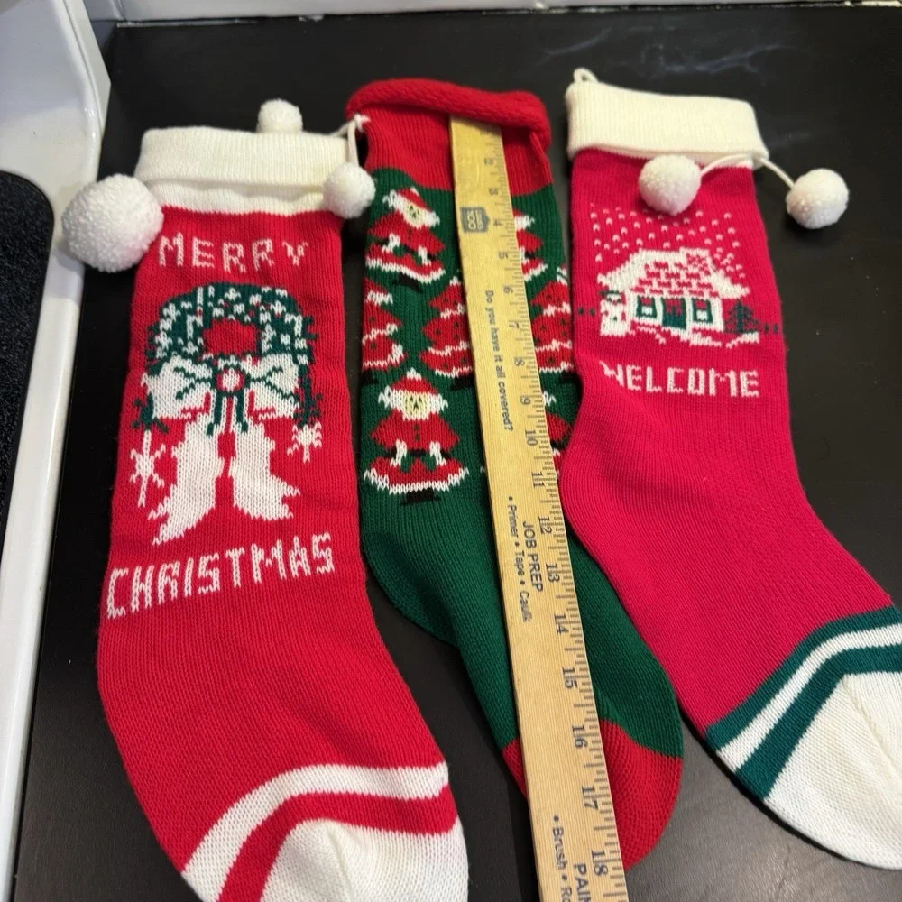 Lot Of 3 Vintage Knit Christmas Stockings Red Green Santa Tree Snowmen Santa‎